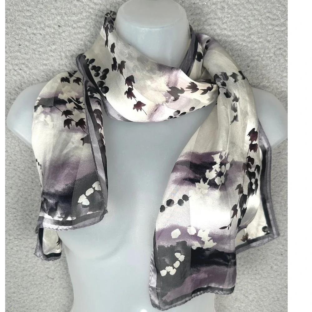 Anne Klein Silk Chiffon Scarf Women's Gray Plum Floral Vine Striped Oblong 52